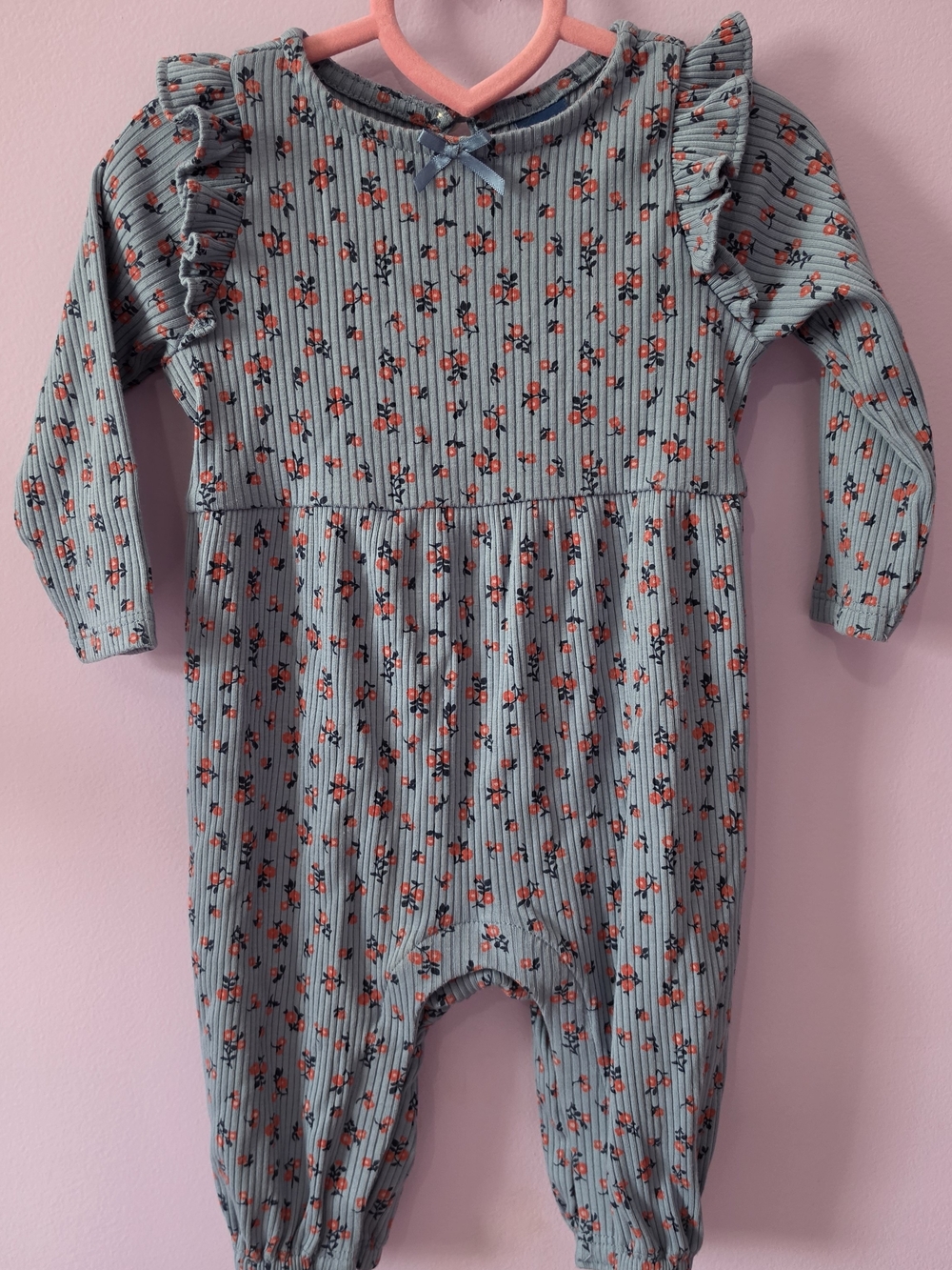 Old Navy Light Blue Floral Ribbed One-Piece with Red Flowers